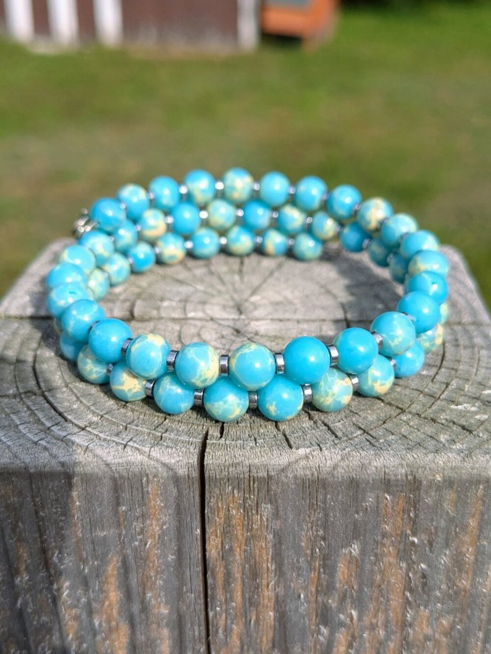 Bright Sky Blue Impression Jasper Silver Hematite Bracelet